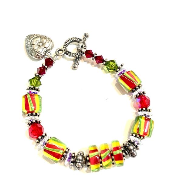 Handmade Lampwork Beads Red Yellow Green with Heart Charm #vintage #festive - Picture 6 of 7